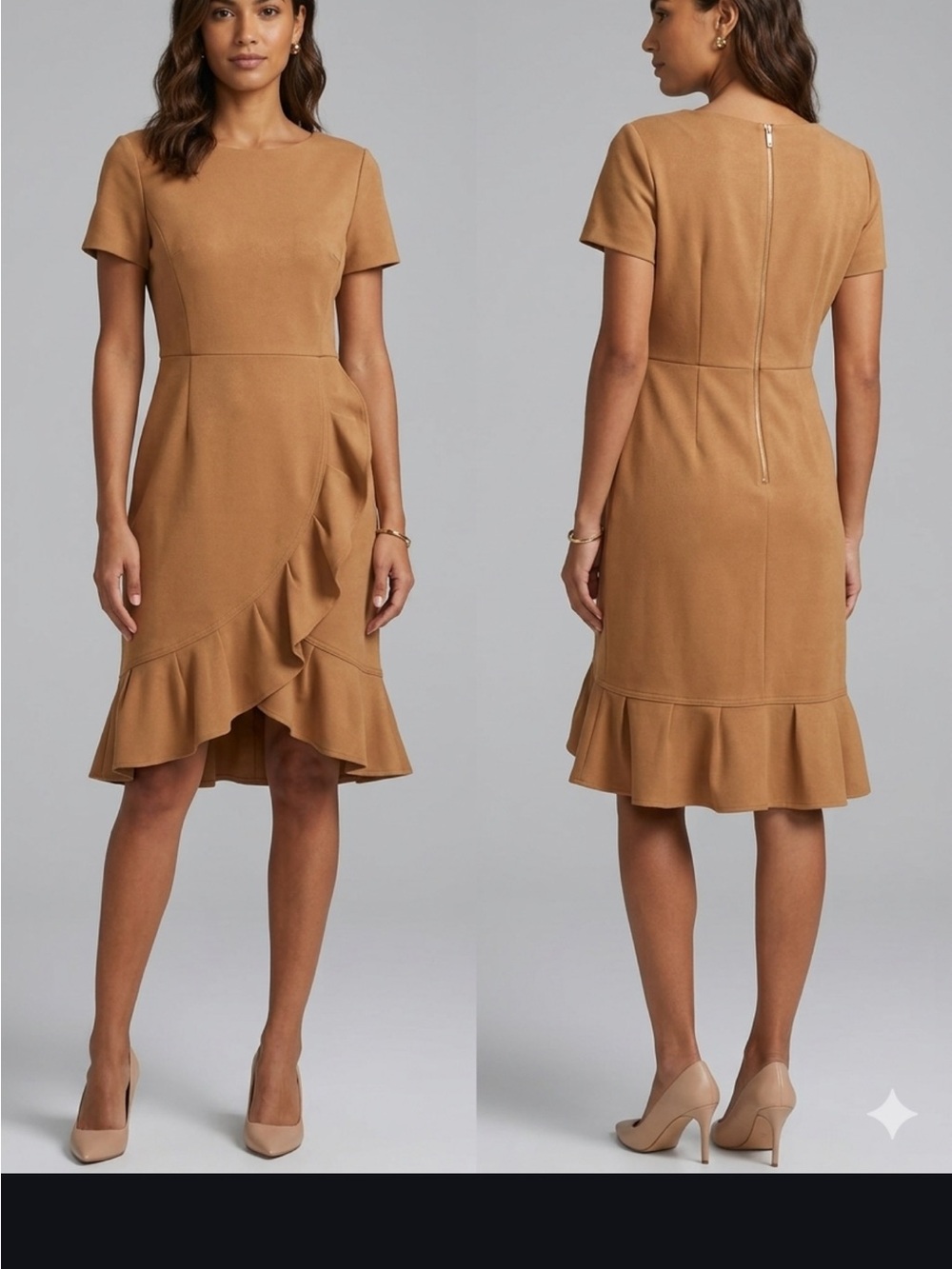 Calvin Klein Camel Ruffle-Trim Midi Dress